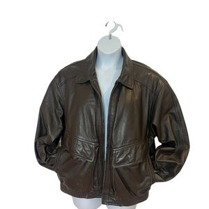 Members Only Brown Leather Bomber Jacket Size L Vintage 90s Style